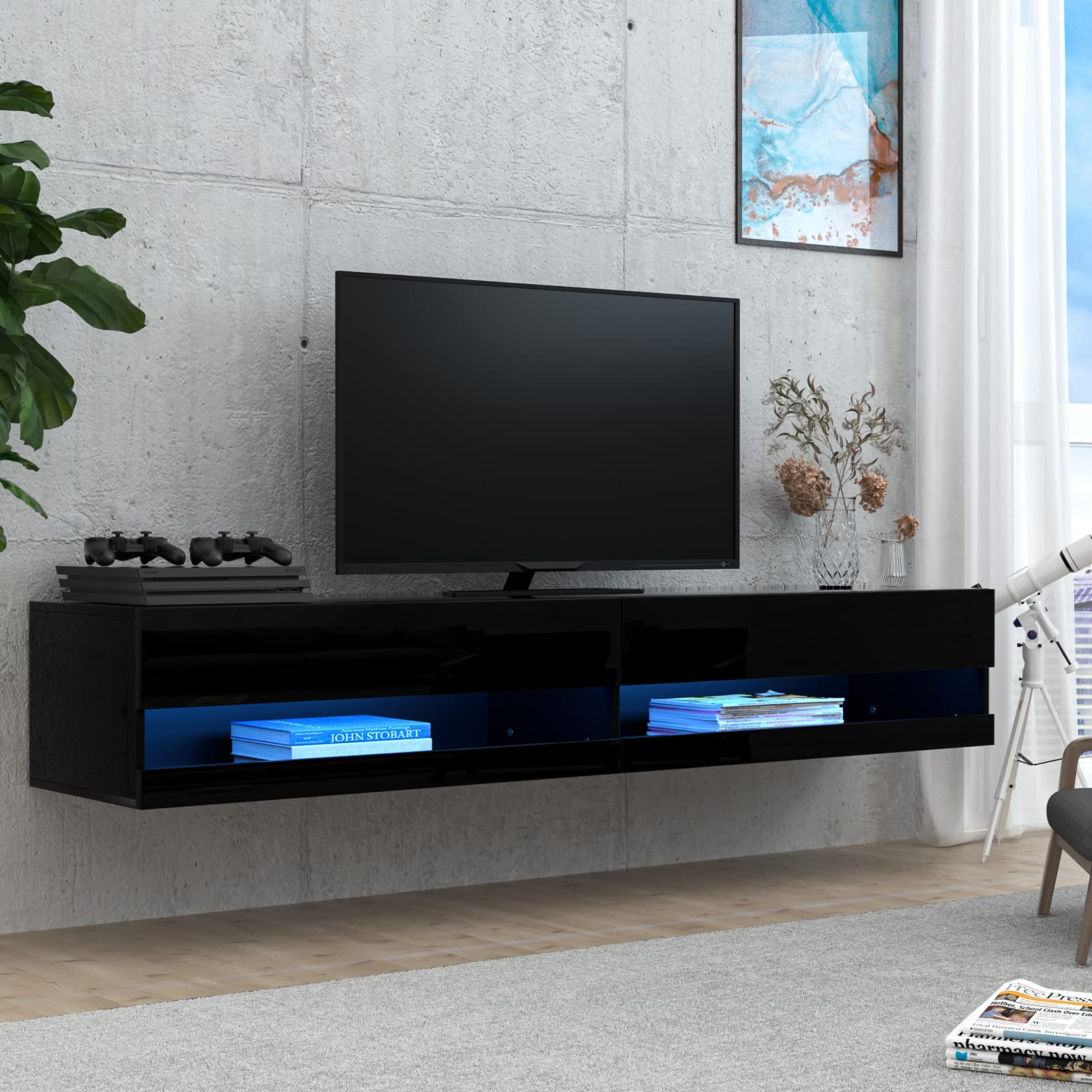 【Furniture】Floating TV Stand for TVs Up to 85 inch, 70 inch Wall Mounted Haning TV Stand with LED Lights