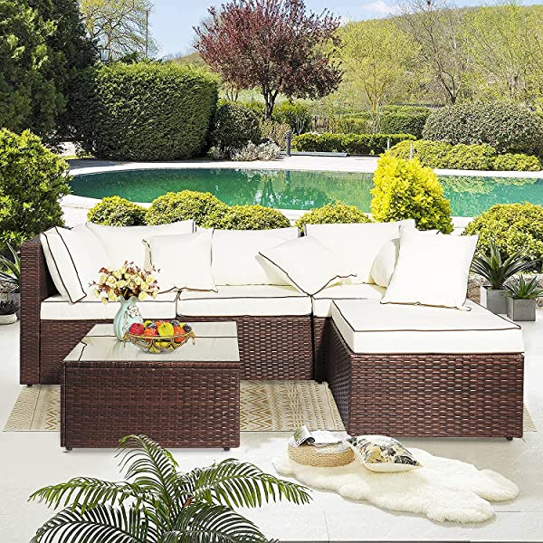 AWQM 5 Pieces Patio Furniture Sets All Weather Outdoor Sectional Sofa Manual Weaving Wicker Rattan Patio Conversation Set with Cushion and Glass Table, Brown 5 Piece Patio Furniture Sets