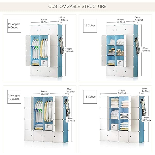 YOZO Cube Storage Organzier Portable Closet Wardrobe Bedroom Dresser (71x14x71 inches) Portable Closet Cube Shelf Armoire Pantry Cabinet, 25 Cubes, Blue 25Cubes Blue