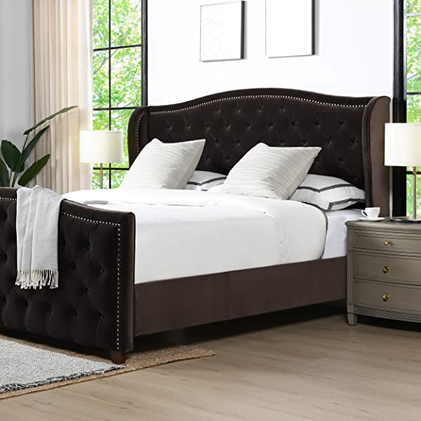 Jennifer Taylor Home Marcella Collection Queen Wingback Tufted Hand-Applied Nail Heads Upholstered Bed, Antique White Antique White Queen