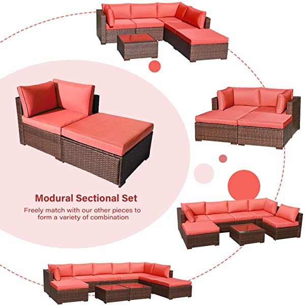 OC Orange-Casual 2 Piece Patio Sectional Furniture Set with Back Seat Cushions, Outdoor Armchair Wicker Sofa, Ottoman Brown Wicker & Turquoise Cushion