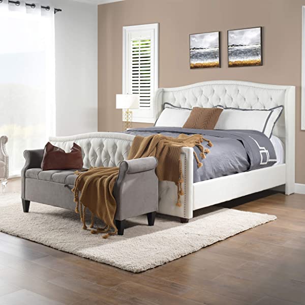 Jennifer Taylor Home Marcella Collection Queen Wingback Tufted Hand-Applied Nail Heads Upholstered Bed, Antique White Antique White Queen