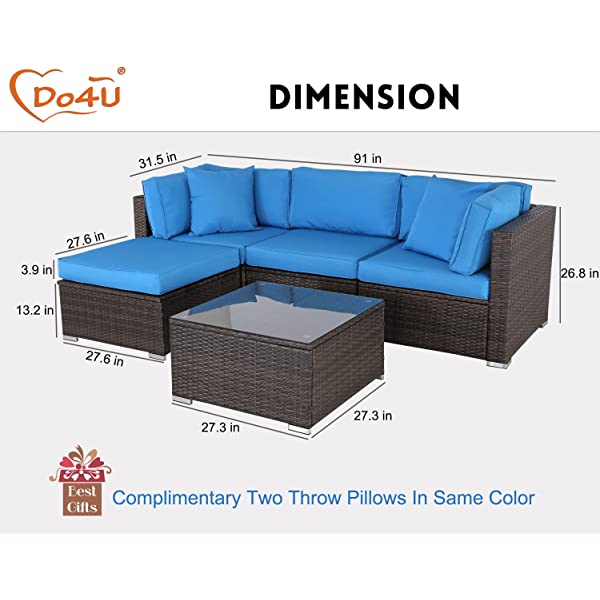 Do4U 5 Pieces Outdoor Patio Furniture Set PE Rattan Patio Set Porch Furniture Cushioned Patio Chairs Set Patio Conversation Set for Garden Balcony Porch Poolside Lawn (Blue)