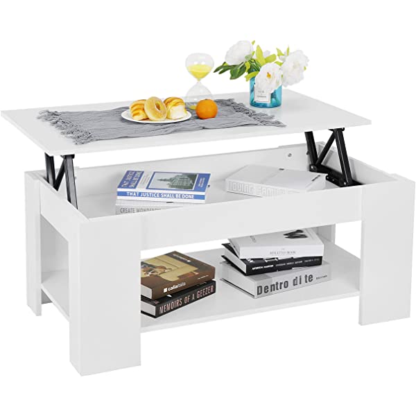 SUPER DEAL Lift Top Coffee Table w/Hidden Compartment and Storage Shelves Pop-Up Storage Cocktail Table for Living Room Reception Room Espresso