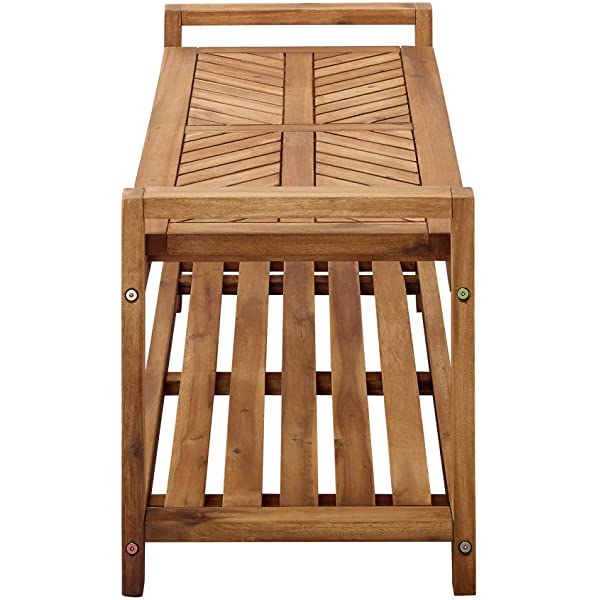 Walker Edison 5 Person Outdoor Wood Chevron Patio Furniture Dining Set Table Chairs Bench All Weather Backyard Conversation Garden Poolside Balcony, 4 Piece, Brown Brown 4 Piece Dining Set