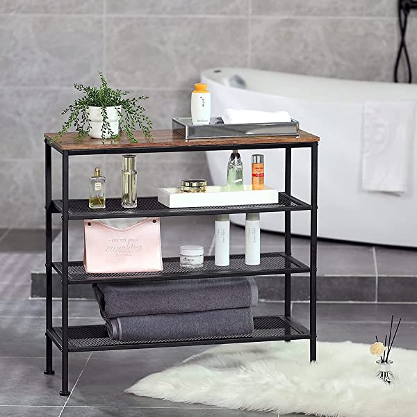 Dulcii Shoe Rack, 4 Tiers Height Adjustable Shoe Organizer Industrial Shoe Cabinet Storage with Retro Wooden Panel/Metal Mesh Shelves for Entryway, Living Room, Hallway, Bathroom, 30×12×28.3 Inch