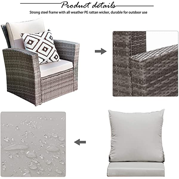 Wisteria Lane 4 Piece Outdoor Patio Furniture Sets, Wicker Conversation Set for Porch Deck, Gray Rattan Sofa Chair with Cushion Grey