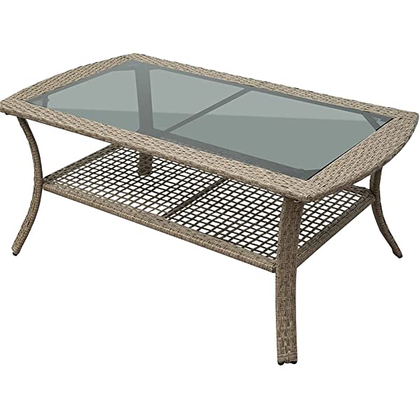 4 Pieces Outdoor Patio Furniture Set Wicker Rattan Cushioned Sectional Sofa Sets with Armchairs and Tempered Glass Table with Storage Shelf (Gray) Grey