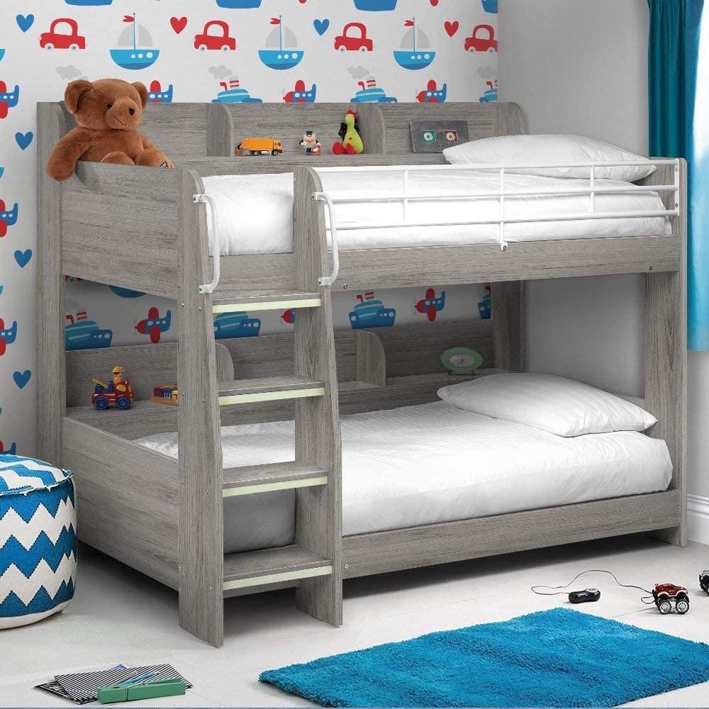 【Furniture】Domino Grey Wooden & Metal Kids Bunk Bed with Storage Shelves with 2x Pocket Sprung Mattress