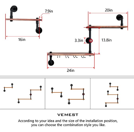 VEMEST 3 Tier Industrial Pipe Shelving Wall Mounted, Rustic Metal Storage Floating Shelves for Bedroom, Living Room, Bathroom, Farmhouse Kitchen Bar Shelving and Wall Shelf Unit Bookshelf.