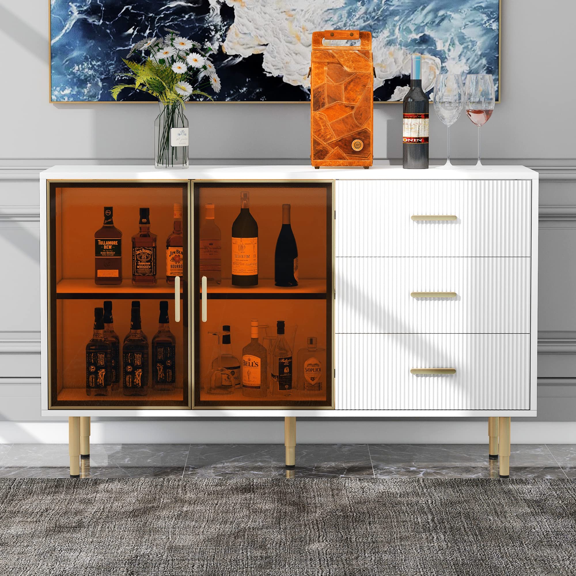 【Furniture】Modern Sideboard Cabinet Accent Buffet Storage Glass Doors Sideboard Cabinet Marble Top