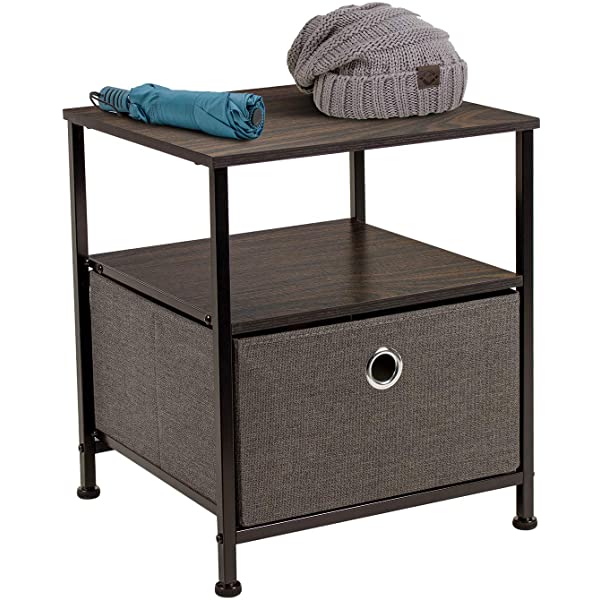 Sorbus Nightstand 1-Drawer Shelf Storage- Bedside Furniture & Accent End Table Chest for Home, Bedroom, Office, College Dorm, Steel Frame, Wood Top, Easy Pull Fabric Bins (Rustic Wood)