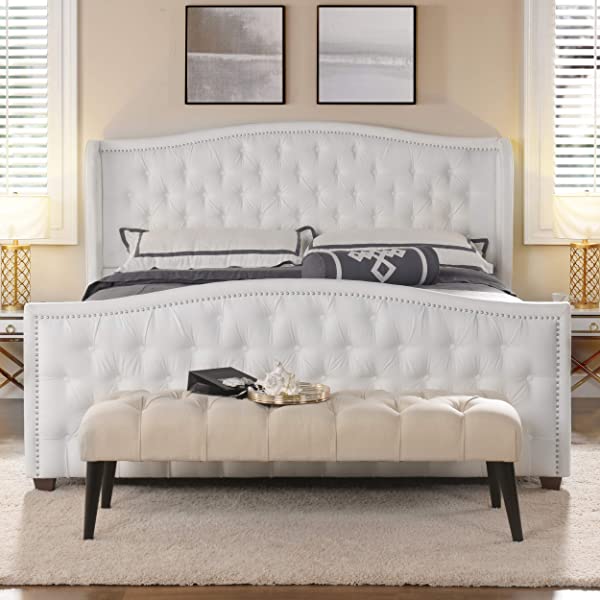 Jennifer Taylor Home Marcella Collection Queen Wingback Tufted Hand-Applied Nail Heads Upholstered Bed, Antique White Antique White Queen
