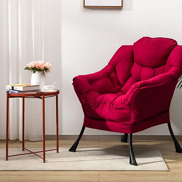 AbocoFur Modern Large Cotton Fabric Lazy Chair，Accent Contemporary Lounge Chair, Single Steel Frame Leisure Sofa Chair with Armrests and A Side Pocket, Beige