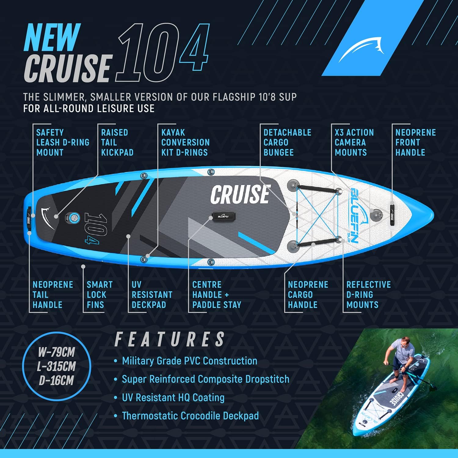 Bluefin Cruise SUP Inflatable Stand Up Paddle Board | Premium Paddleboard Accessories | Multiple sizes: Kids, 9'8, 10'4, 10’8, 12’, 15'