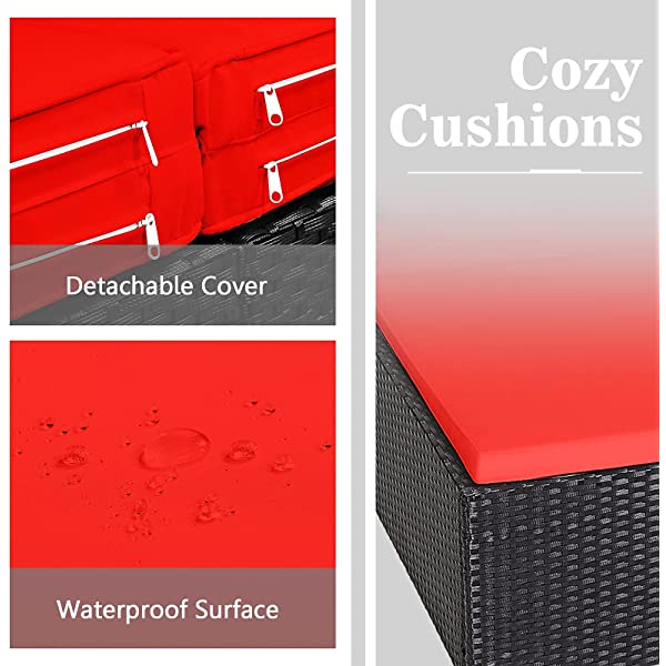 Salches Outdoor Rattan Daybed, Patio Loveseat Sofa Set w/Comfortable Cushions, Extra Pillows & Metal Foot, Sunbed Wicker Furniture for Yard/Poolside/Living Room/Garden/Porch (Red)