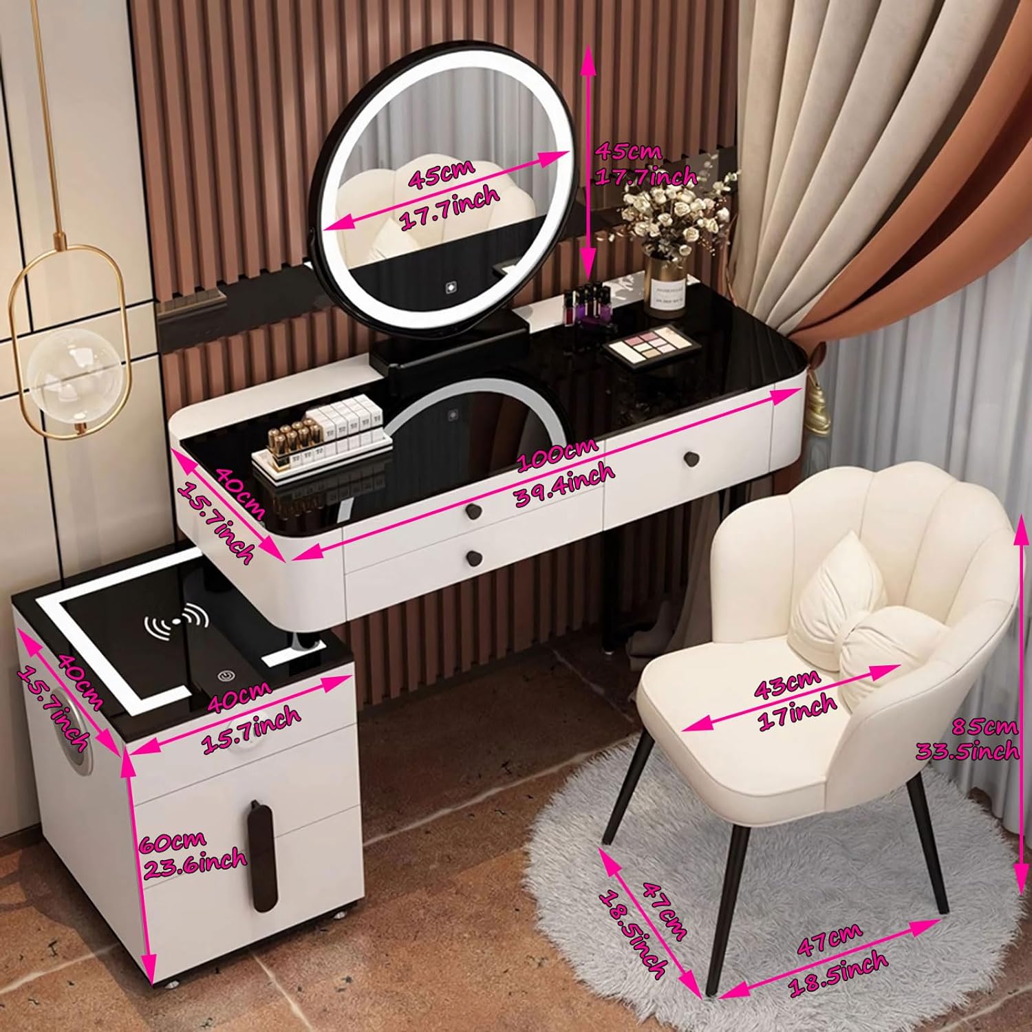 GOOCOO Dressing Table - Makeup Vanity Desk with Wireless Charging Station and Bluetooth Speaker - Vanity Set Contains Makeup Mirror, 5 Drawers and Makeup Stool for Bedroom