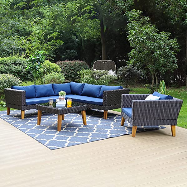 Sophia & William Outdoor Patio Furniture Set All-Weather Wicker Rattan Sectional Sofa Chairs Set, Patio Conversation Set with Acacia Wood Feet & Coffee Table (5 Piece, Navy Blue)
