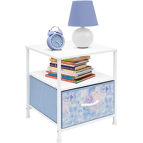 Sorbus Nightstand 1-Drawer Shelf Storage- Bedside Furniture & Accent End Table Chest for Home, Bedroom, Office, College Dorm, Steel Frame, Wood Top, Easy Pull Fabric Bins (Rustic Wood)