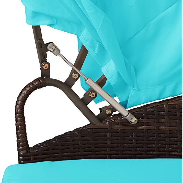 Merax All-Weather Outdoor Sectional Sofa Conversation Set Rattan Daybed Sunbed with Retractable Canopy, Separate Seating and Removable Blue Cushions Brown+blue