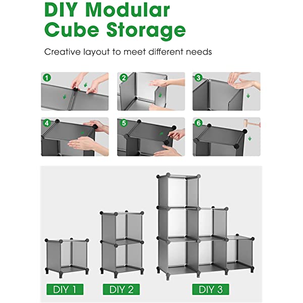 Puroma Cube Storage Organizer 6-Cube Closet Storage Shelves with Wooden Mallet DIY Closet Cabinet Bookshelf Plastic Square Organizer Shelving for Home, Office, Bedroom - Black Black Medium