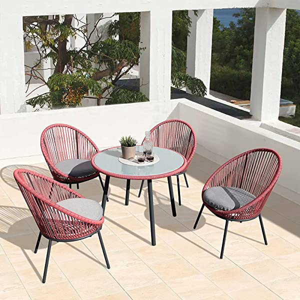 OC Orange-Casual 5 Pieces Patio Conversation Set, Outdoor Furniture Set, All-Weather Wicker Chairs with Round Glass Top Table and 4 Chairs, for Garden,Backyard, Indoor Outdoor Use, Yellow