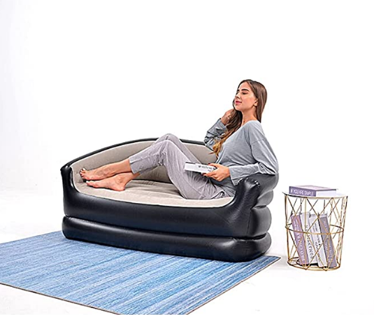 Folding Portable Inflatable Double Sofa, Lazy Flocking Two-Seater Lounge Chair with Electric Air Pump - Great for Pop Up Indoor Living Room and Outdoor Balcony, Backyard, Camping, Picnic, RV