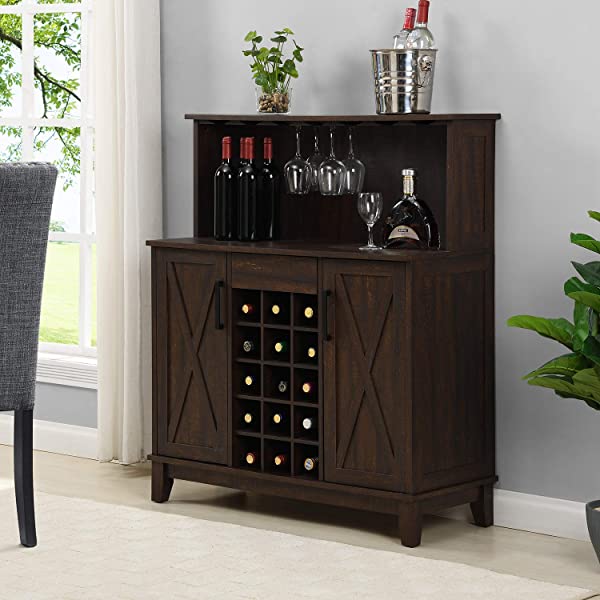 Bar Cabinet with Wine Rack and Glass Doors (Grey wash- Solid)