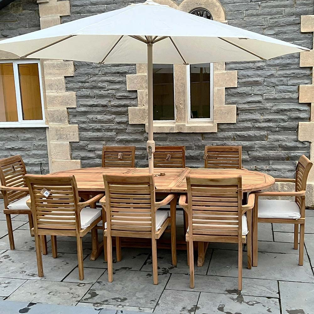 Teak Garden Furniture Set, Garden Table & 8 Chairs, Wooden Garden Furniture Set with Parasol