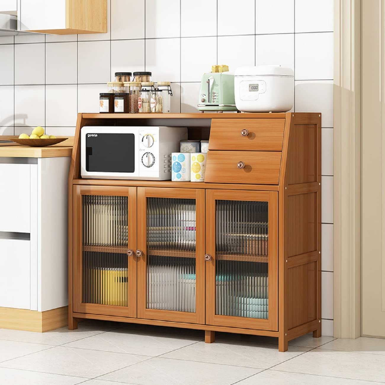 【Furniture】Natural Bamboo Buffet Sideboard Cabinet, 39 Inch Kitchen Sideboard Cabinet with 3 Doors