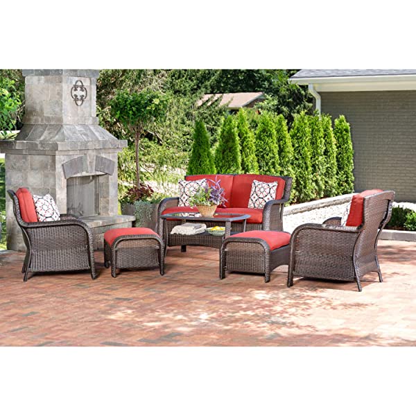 Hanover Strathmere 6-Piece Outdoor Patio Conversation Set, 2 Side Chairs with Ottomans, Loveseat and Tempered Glass Coffee Table, with Hand-Woven Wicker and Thick Cilantro Green Cushions, STRATHMERE6PC