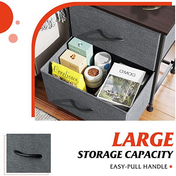 WLIVE Nightstand with 2 Fabric Drawers, Bedside Furniture & End Table Dresser for Bedroom, Living Room, Steel Frame, Wood Top, Easy Pull Handle Charcoal Gray