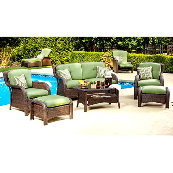 Hanover Strathmere 6-Piece Outdoor Patio Conversation Set, 2 Side Chairs with Ottomans, Loveseat and Tempered Glass Coffee Table, with Hand-Woven Wicker and Thick Cilantro Green Cushions, STRATHMERE6PC