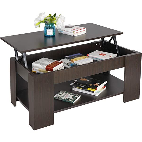SUPER DEAL Lift Top Coffee Table w/Hidden Compartment and Storage Shelves Pop-Up Storage Cocktail Table for Living Room Reception Room Espresso