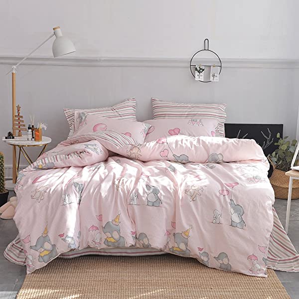 New Cartoon Animals Elephant Print Duvet Cover Sets for Kids 100% Cotton Reversible Soft 3 Pieces Kids Bedding Duvet Cover Pillowcases Kawaii Cloud Bedding Sets, Queen/Full Full/Queen (1 Duvet Cover + 2 Pillowcases) Multi A00 Elephant Bunny Balloon