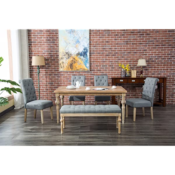 Roundhill Furniture Habitanian 6-Piece White Wash Dining Set with Tufted Chairs and Bench, Beige