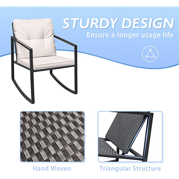 Greesum 3 Pieces Rocking Wicker Bistro Set, Patio Outdoor Furniture Conversation Sets with Porch Chairs and Glass Coffee Table, Beige