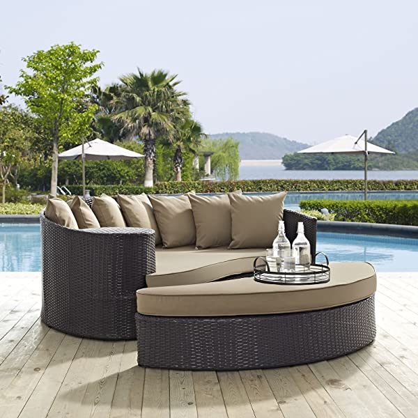 Modway Convene Wicker Rattan Outdoor Patio Poolside Sectional Sofa Daybed with Cushions in Espresso Turquoise