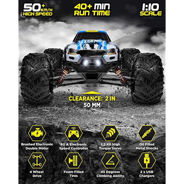 1:10 Scale Large RC Cars 50+ kmh Speed - Boys Remote Control Car 4x4 Off Road Monster Truck Electric - Hobby Grade Waterproof Toys Trucks for Kids and Adults - 2 Batteries + Connector for 40+ Min Play Black - Red 1:10 Scale 31 mph