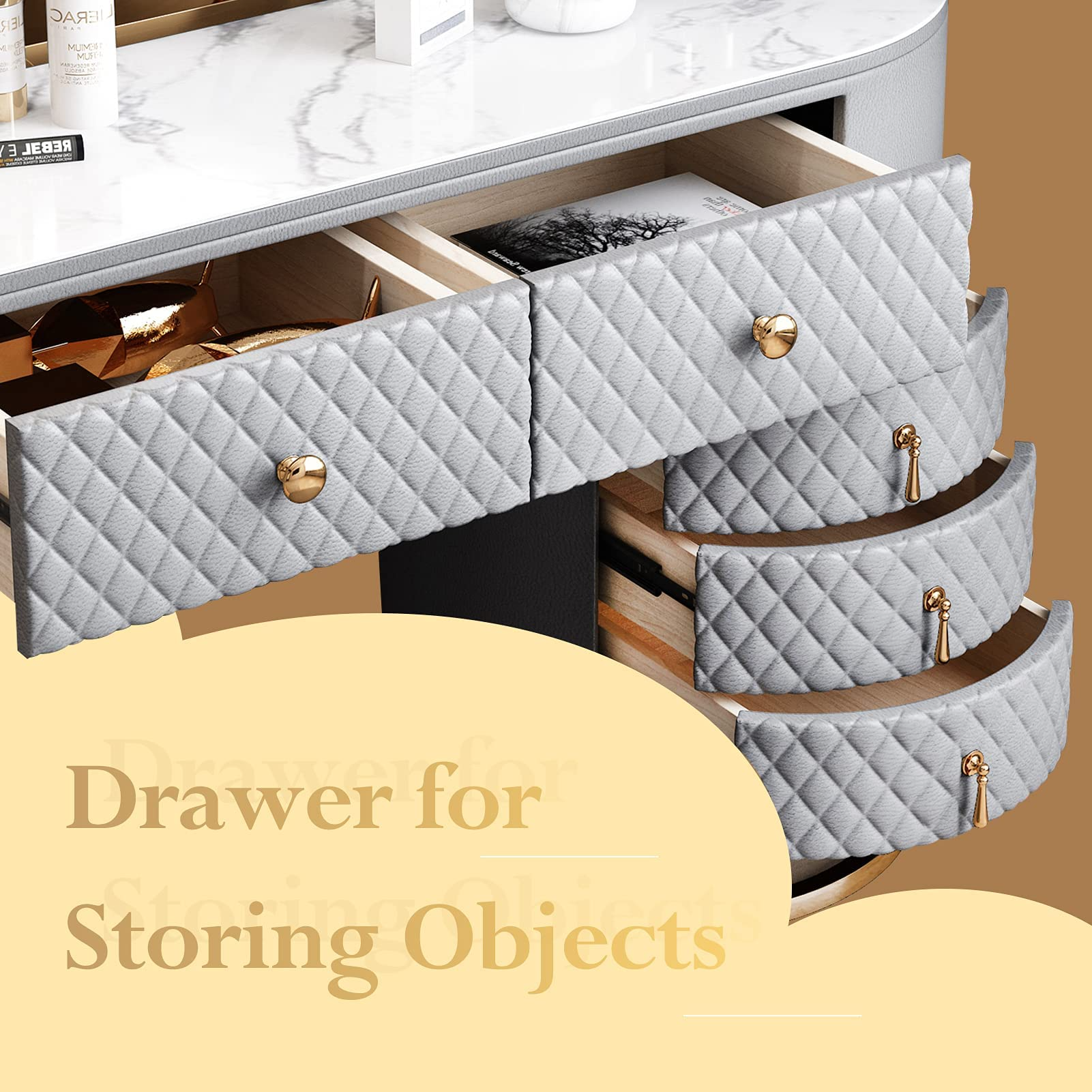 【Furniture】【BS】Dresser Table Vanity Makeup Table Set Makeup with 5 Drawers Dressing Table with Lighted Mirror