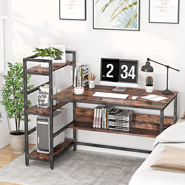 Computer Desk 55 inch with Storage Shelves Study Writing Table for Home Office,Modern Simple Style, Rustic Brown