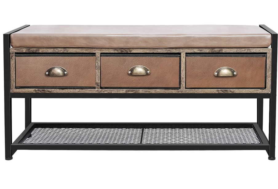 X-cosrack Industrial Shoe Bench Rack, 3-Tier Shoe Storage Organizer Shelf, Cushion Storage Bench with 3 Drawers &Mesh Shelf for Bedroom Hallway Entryway Living Room,Brown and Black