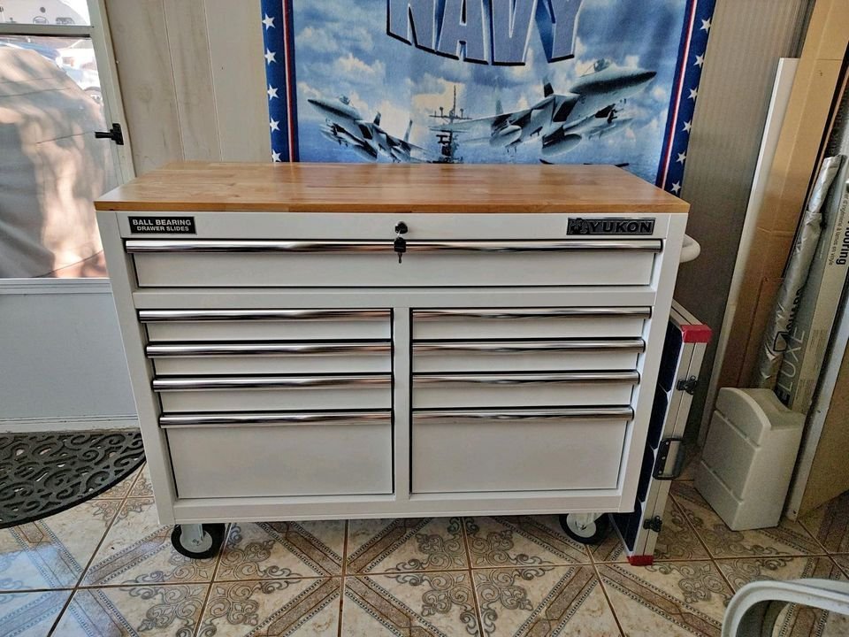 46 in. 9 Drawer Mobile Storage Cabinet with Solid Wood Top.