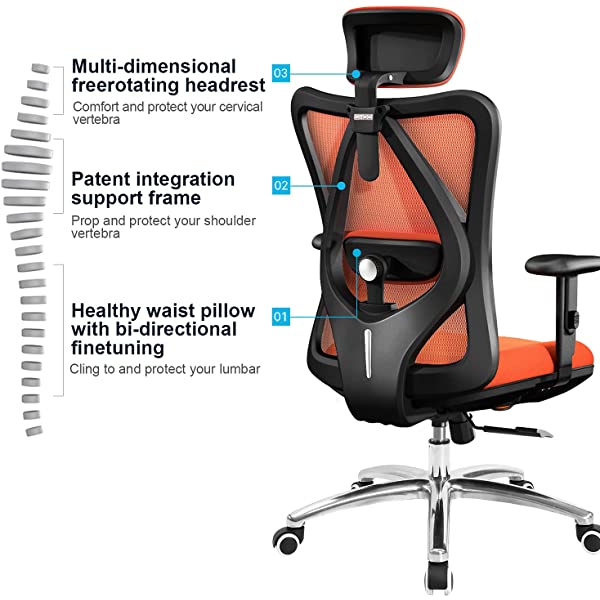 SIHOO Ergonomic Office Chair, Computer Desk Chair with Adjustable Lumbar Support, Comfortable Thick Cushion High Back Desk Chair with Adjustable Headrest and PU armrests(Orange)