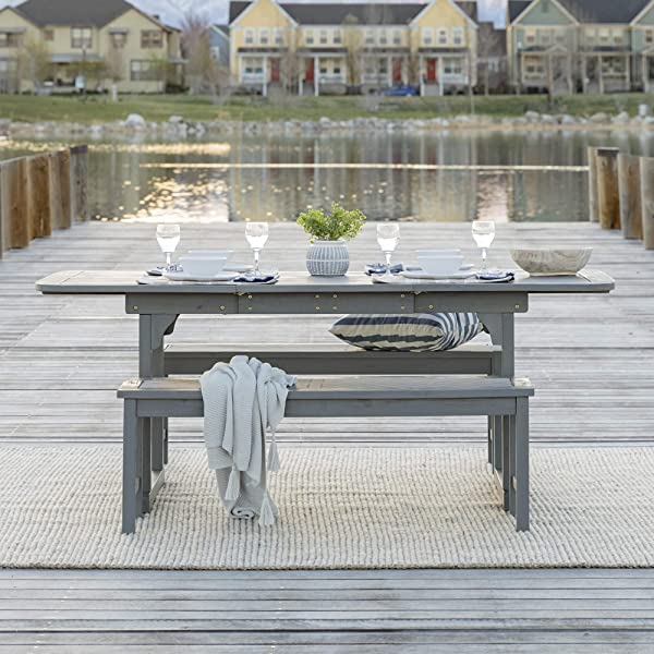 Walker Edison 5 Person Outdoor Wood Chevron Patio Furniture Dining Set Table Chairs Bench All Weather Backyard Conversation Garden Poolside Balcony, 4 Piece, Brown Brown 4 Piece Dining Set