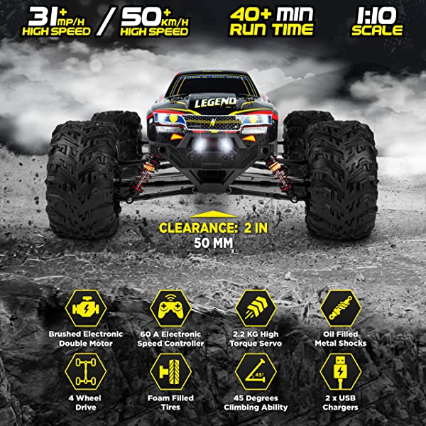 1:10 Scale Large RC Cars 50+ kmh Speed - Boys Remote Control Car 4x4 Off Road Monster Truck Electric - Hobby Grade Waterproof Toys Trucks for Kids and Adults - 2 Batteries + Connector for 40+ Min Play Black - Red 1:10 Scale 31 mph