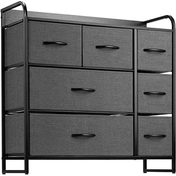 7 Drawer Dresser Organizer Fabric Storage Chest for Bedroom, Hallway, Entryway, Closets, Nurseries. Furniture Storage Tower Sturdy Steel Frame, Wood Top, Easy Pull Handle Textured Print Drawers