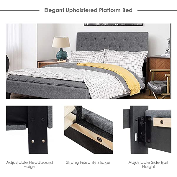 Giantex Shalini Upholstered Panel Platform Bed, Diamond Stitched Linen Panel Headboard, Metal Frame & 12 Strong Wooden Slat Support, Easy Assembly, Bed Mattress Foundation (Queen)