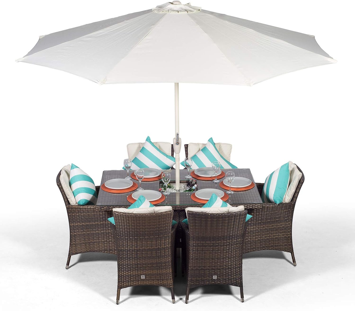 Savannah Rattan Dining Set | Rectangle 6 Seater Brown Rattan Table & Chairs Set with Ice Bucket Drinks Cooler | Outdoor Poly Rattan Garden Dining Furniture Set with Parasol & Cover