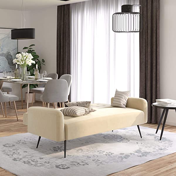 Novogratz 2360379N Z Stevie, Convertible Sofa Bed Couch, Ivory Velvet Futon